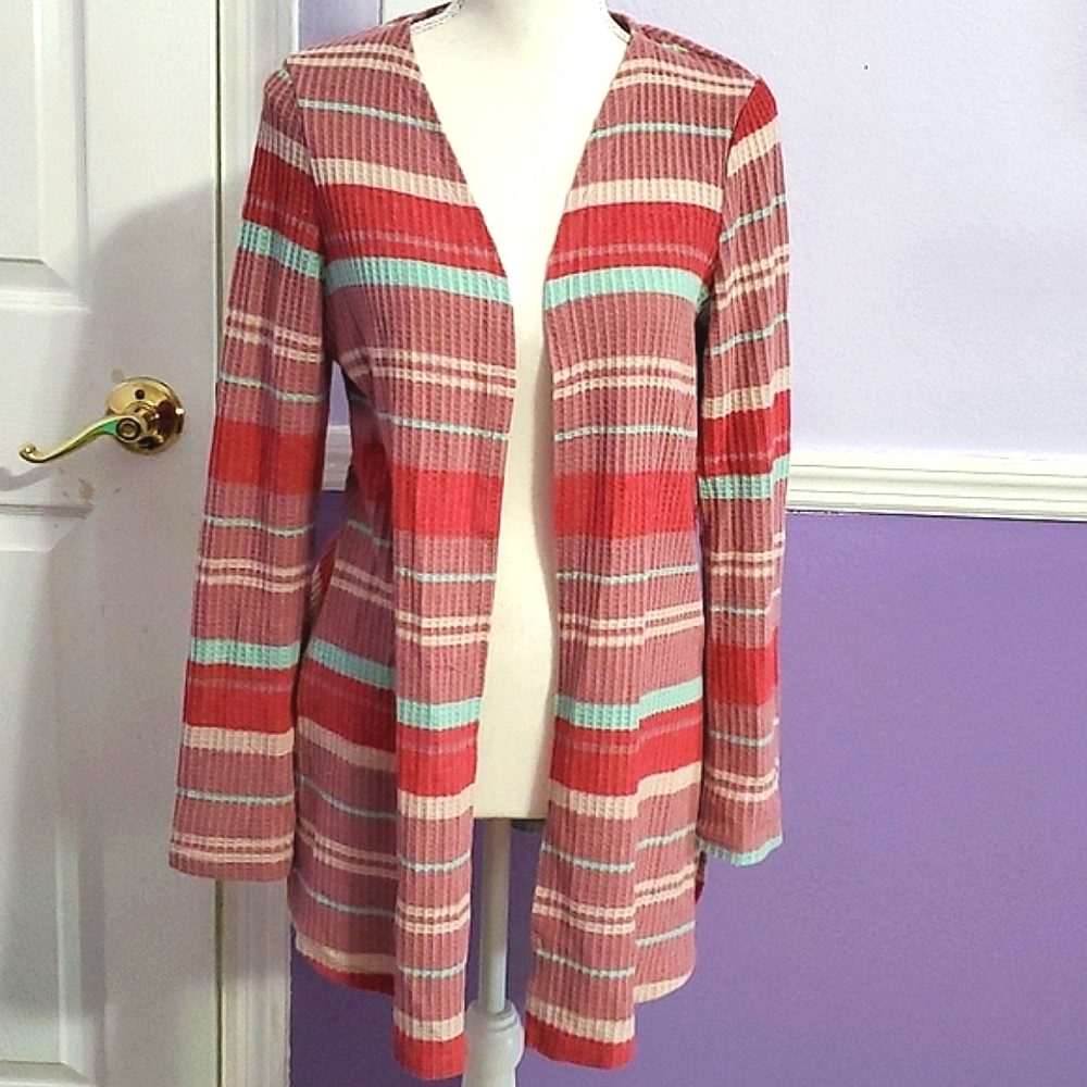 SoSik Boho Mauve Striped Ribbed Knit Longline Open Cardigan L
